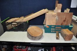TWO TRAYS CONTAINING MOSTLY KILN DRYED WOOD TURNING BLANKS and other wood stock including