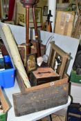 A BOX OF ECCLESIASTICAL WOODEN AND METAL ITEMS, etc, including an oak collection box, crest and