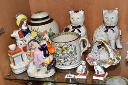 A GROUP OF VICTORIAN AND MODERN CERAMICS, including a Staffordshire pottery figure group of a dog