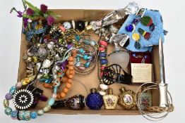 A TRAY OF COSTUME JEWELLERY AND OTHER ITEMS, to include a boxed pair of white metal and lapis lazuli