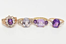 FOUR AMETHYST DRESS RINGS, two set with oval cut amethysts with single cut diamond detailed