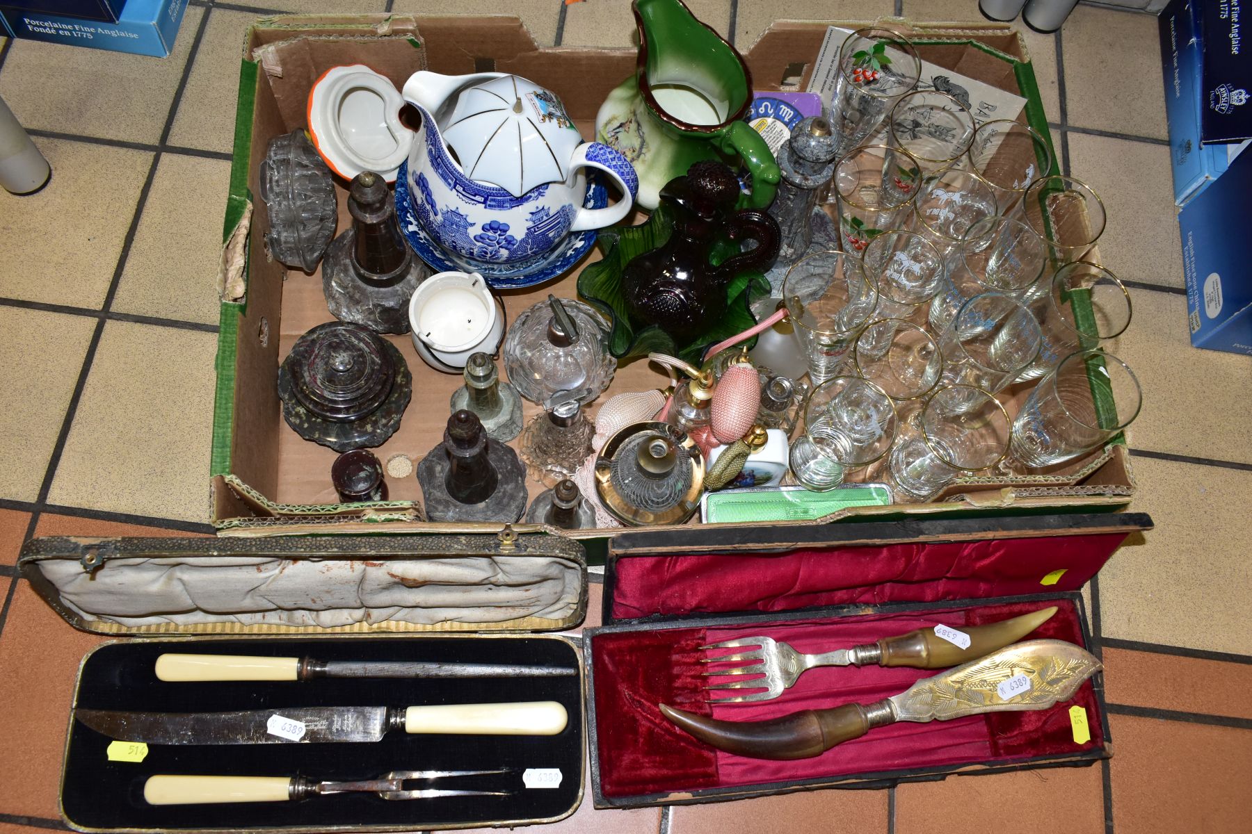 A BOX AND LOOSE GLASSWARE, CERAMICS AND METALWARES, including Cherry B, Pony and Goldwell Snowball