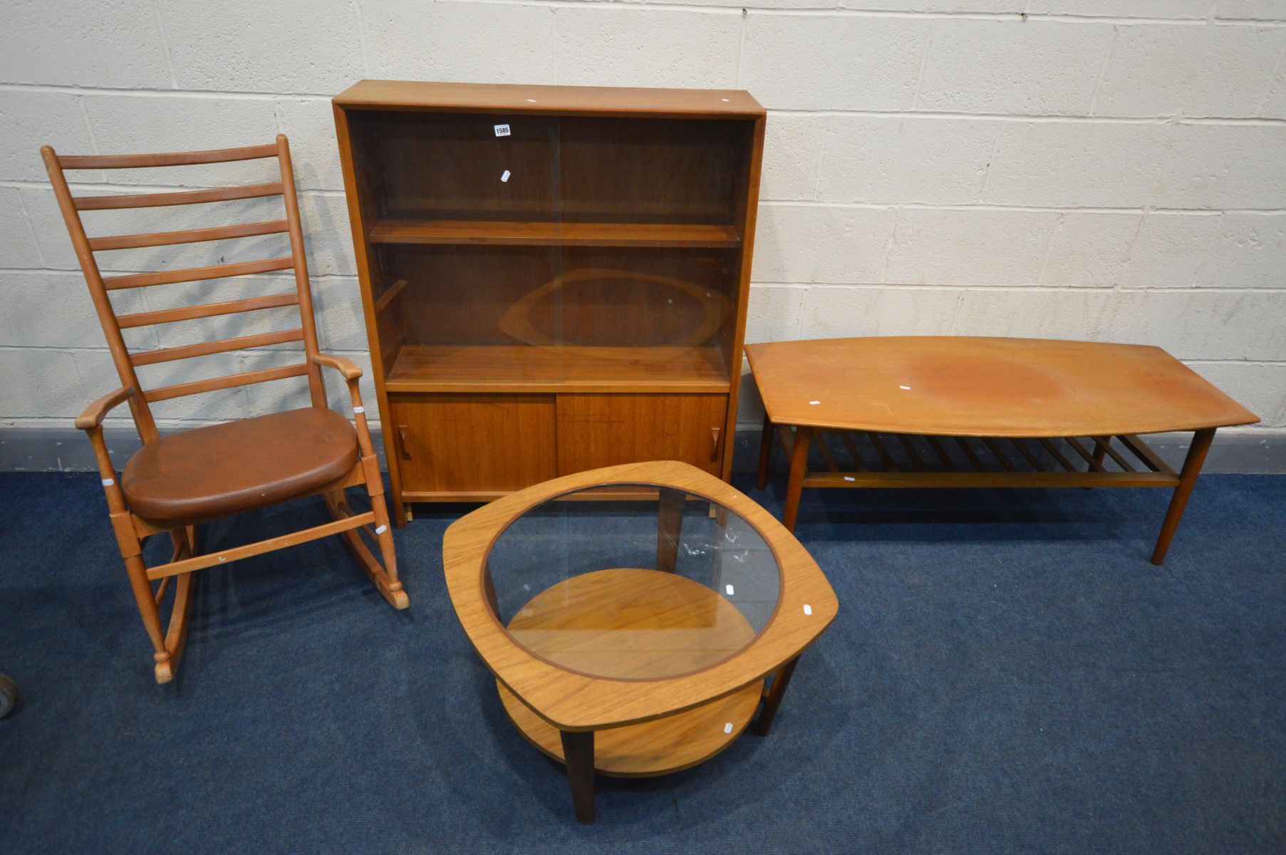 FOUR VARIOUS MID CENTURY TEAK FURNITURE, to include a glazed bookcase, width 92cm x depth 28cm x