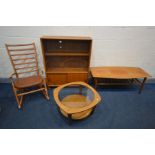 FOUR VARIOUS MID CENTURY TEAK FURNITURE, to include a glazed bookcase, width 92cm x depth 28cm x