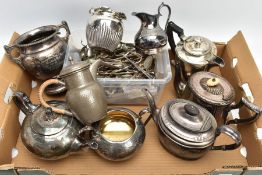 A BOX OF ASSORTED WHITE METAL WARE, to include a three piece EP tea service set comprising of a