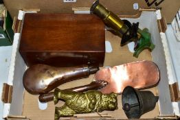 A BOX OF METALWARES AND COLLECTABLES, including a mahogany cased 'Universal Household Microscope', a
