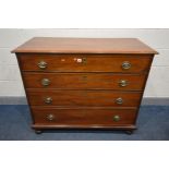 A GEORGIAN WALNUT CHEST OF FOUR LONG GRADUATED DRAWERS, on bun feet, width 120cm x depth 55cm x