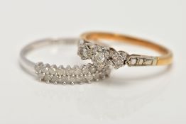 TWO DIAMOND RINGS, the first designed as a row of three graduated brilliant cut diamonds,