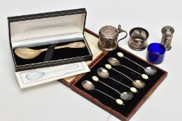 A CASED SET OF SIX SILVER COFFEE SPOONS, A BOXED SILVER TEASPOON AND CONDIMENTS, the cased set of