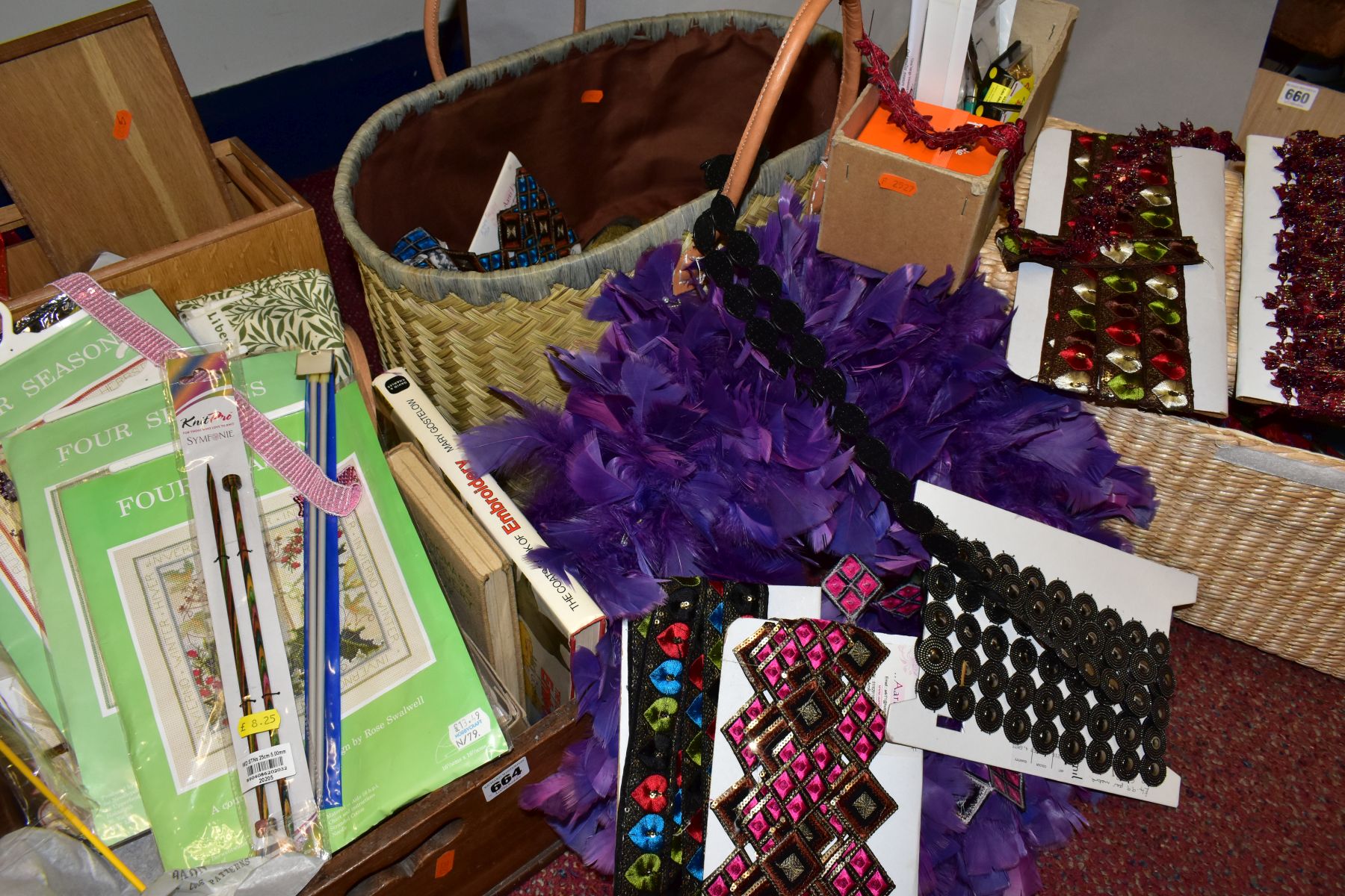 FOUR BOXES/BASKETS OF CRAFTING, NEEDLEWORK AND HABERDASHERY ITEMS, including Liberty patchwork