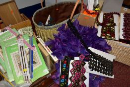 FOUR BOXES/BASKETS OF CRAFTING, NEEDLEWORK AND HABERDASHERY ITEMS, including Liberty patchwork