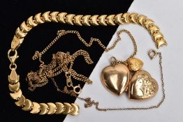 THREE ITEMS OF 9CT GOLD JEWELLERY, to include a broken hollow link bracelet, a fine belcher link