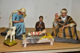 A FIVE PIECE PLASTER NATIVITY SCENE, comprising Mary, Joseph, baby Jesus in a manger, Shepherd boy