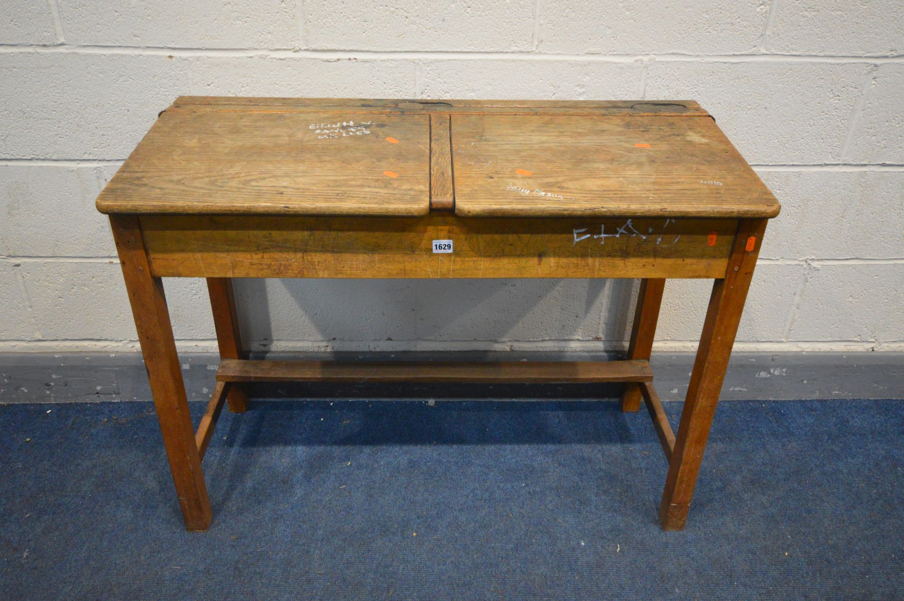 AN EARLY 20TH CENTURY OAK DOUBLE SCHOOL DESK, width 102cm x depth 46cm x height 76cm - this lot is