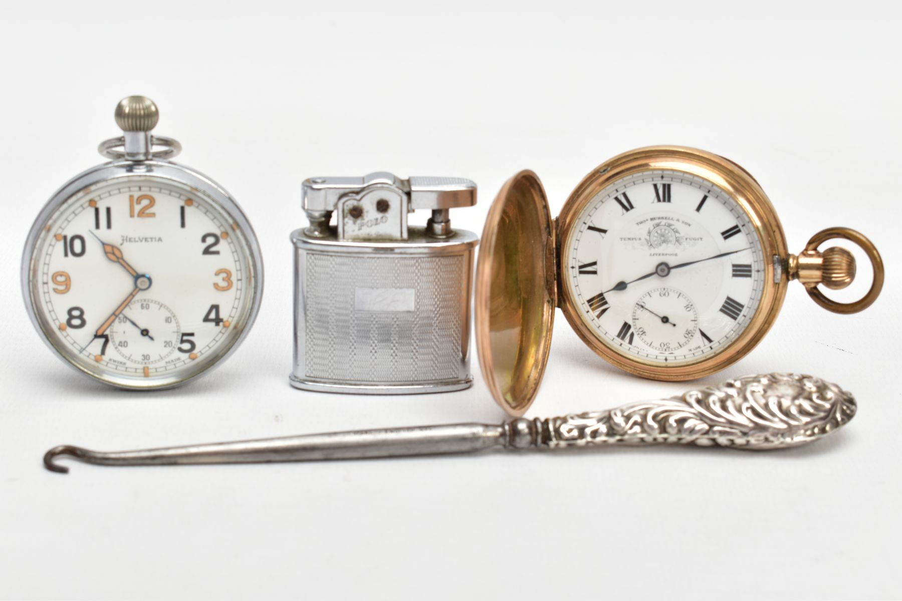 A GOLD-PLATED FULL HUNTER POCKET WATCH, A WHITE METAL OPEN FACE POCKET WATCH, LIGTHER AND A BUTTON