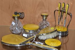 SILVER AND GUILLOCHE ENAMEL DRESSING TABLE ITEMS, comprising perfume bottles, powder pot and