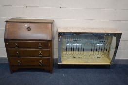 A SLIM OAK BUREAU, width 88cm x depth 43cm x height 105cm, along with an Art Deco mirrored China