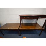 TWO ABBESS MAHOGANY DESKS, with two drawers, one width 153cm and other 135cm x depth 78cm x height