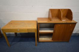 AN ASH SCHOOL DESK with a single drawer, width 99cm x depth 62cm x height 78cm a teak cabinet with