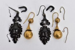 TWO PAIRS OF LATE 19TH CENTURY EARRINGS, to include a pair of carved jet, drop earrings fitted