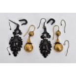 TWO PAIRS OF LATE 19TH CENTURY EARRINGS, to include a pair of carved jet, drop earrings fitted