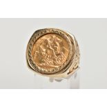 A SOVEREIGN RING, the 1914 George V sovereign within a 9ct gold ring mount with pierced George and