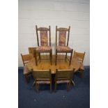 A PINE EXTENDING DINING TABLE, four oak chairs and two other chairs (7)