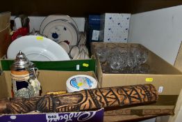 THREE BOXES AND LOOSE CERAMICS, GLASSWARE AND SUNDRY ITEMS, to include six boxed Mirell Bohemia