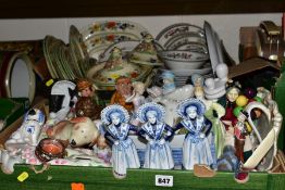 TWO BOXES OF ORNAMENTS AND PART DINNERWARES, to include Royal Doulton Fair Lady HN2193, Pearly Boy