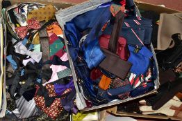 THREE BOXES OF TIES, BOW TIES, BELTS, GLOVES, WALLETS, ETC, to include plain, patterned and