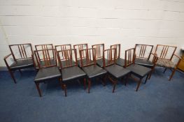 GORDON RUSSELL, MODEL BURFORD, A SET OF THIRTEEN TEAK DINING CHAIRS, twelve chairs with black