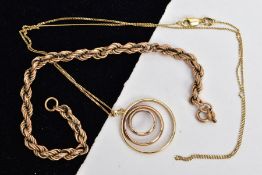 A 9CT GOLD PENDANT NECKLACE AND A ROPE TWIST BRACELET, the pendant of an openwork circular form,