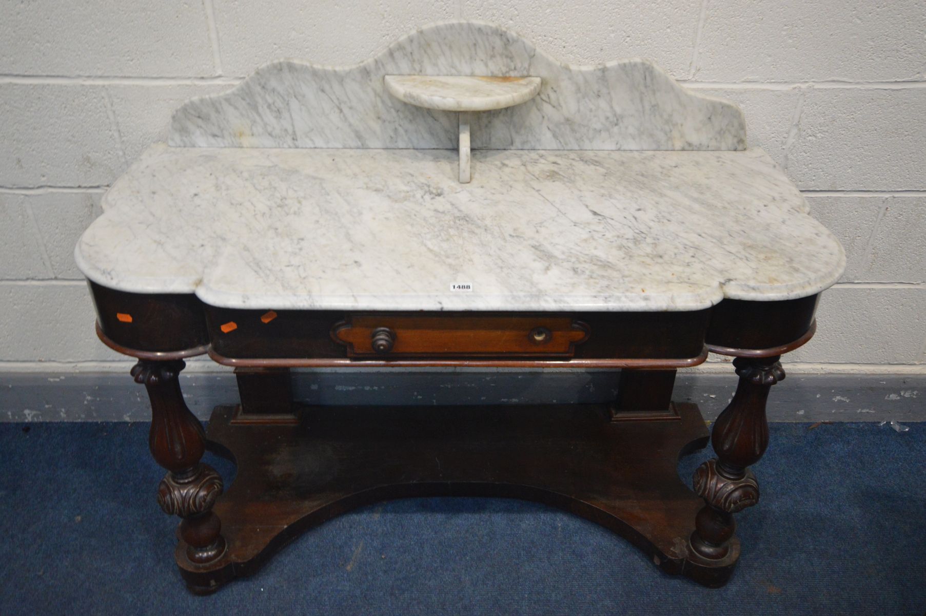 A VICTORIAN MAHOGANY DUCHESS MARBLE TOP WASH STAND, width 124cm x depth 55cm x height 97cm (