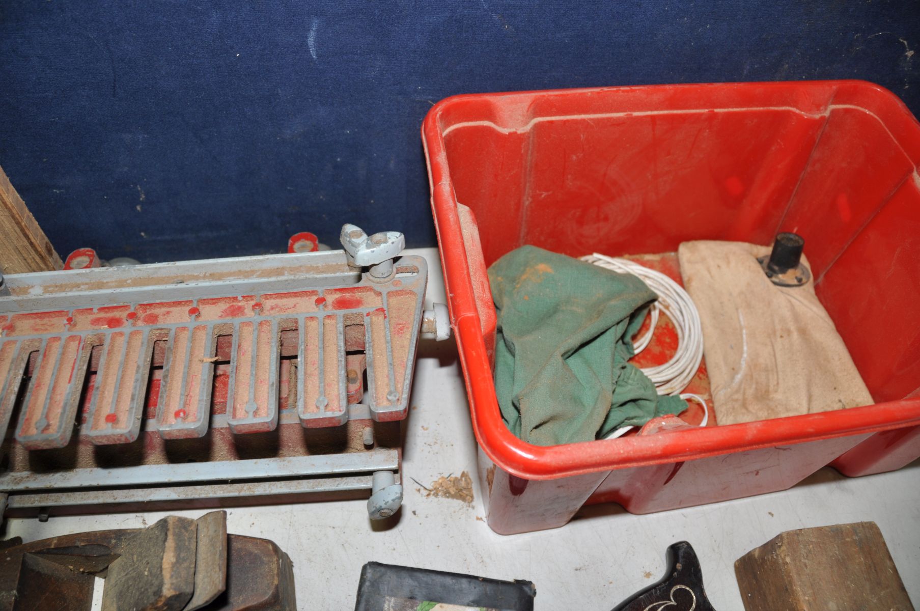 A COLLECTION OF CARPENTRY TOOLS including Stanley wood chisels, two wooden coffin plans, a 17in - Image 3 of 6