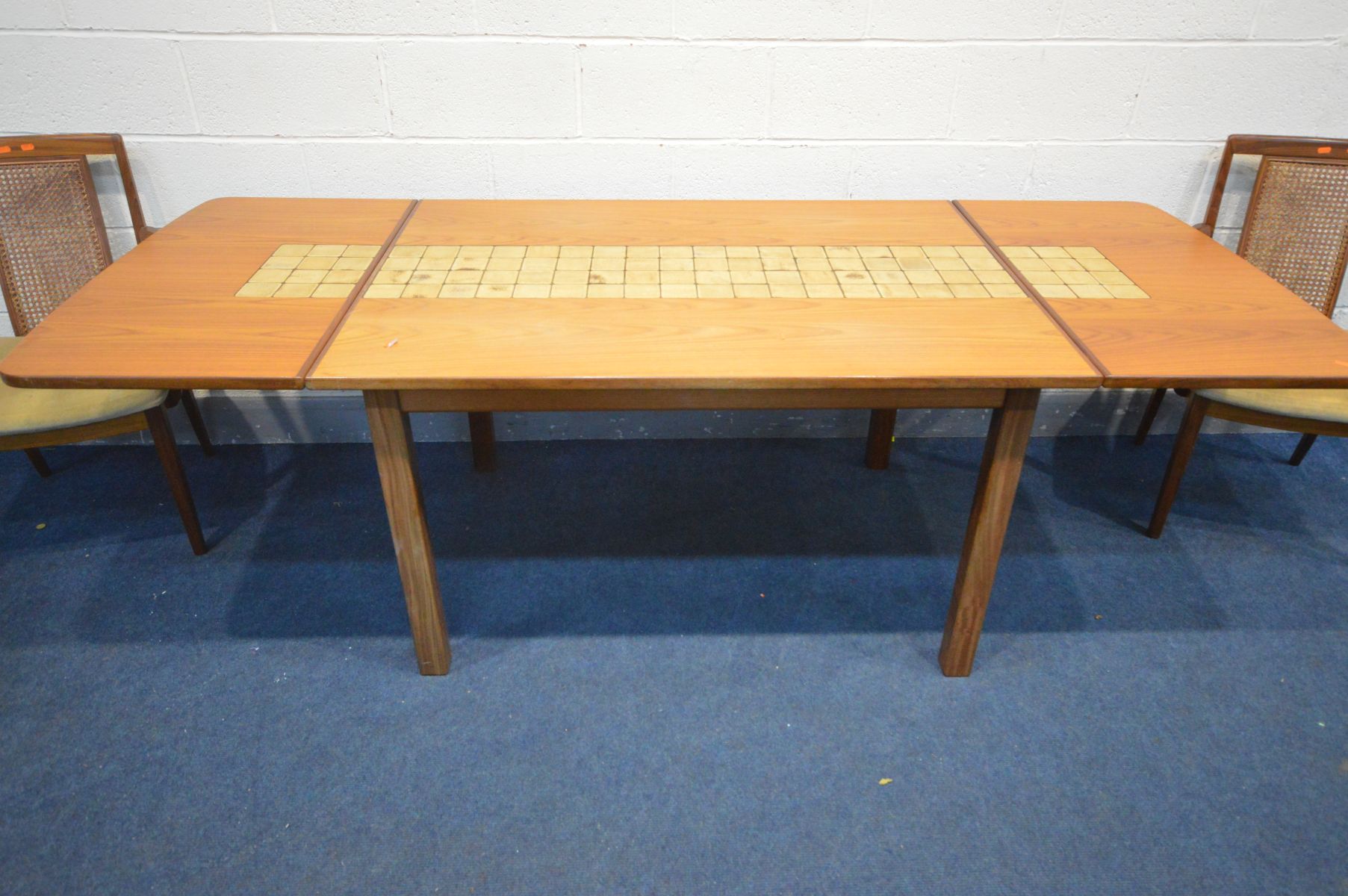 A G PLAN TEAK AND TILED TOP DROP END TABLE, on block legs, width 129cm x full width 229cm x depth - Image 4 of 6