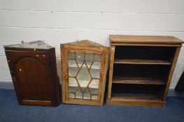 A DISTRESSED VICTORIAN WALNUT OPEN BOOKCASE, width 87cm x depth 27cm x height 102cm, a Georgian