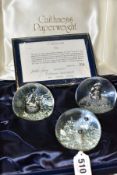 A CASED SET OF THREE LIMITED EDITION CAITHNESS PAPERWEIGHTS 'TRIO', the clear glass with