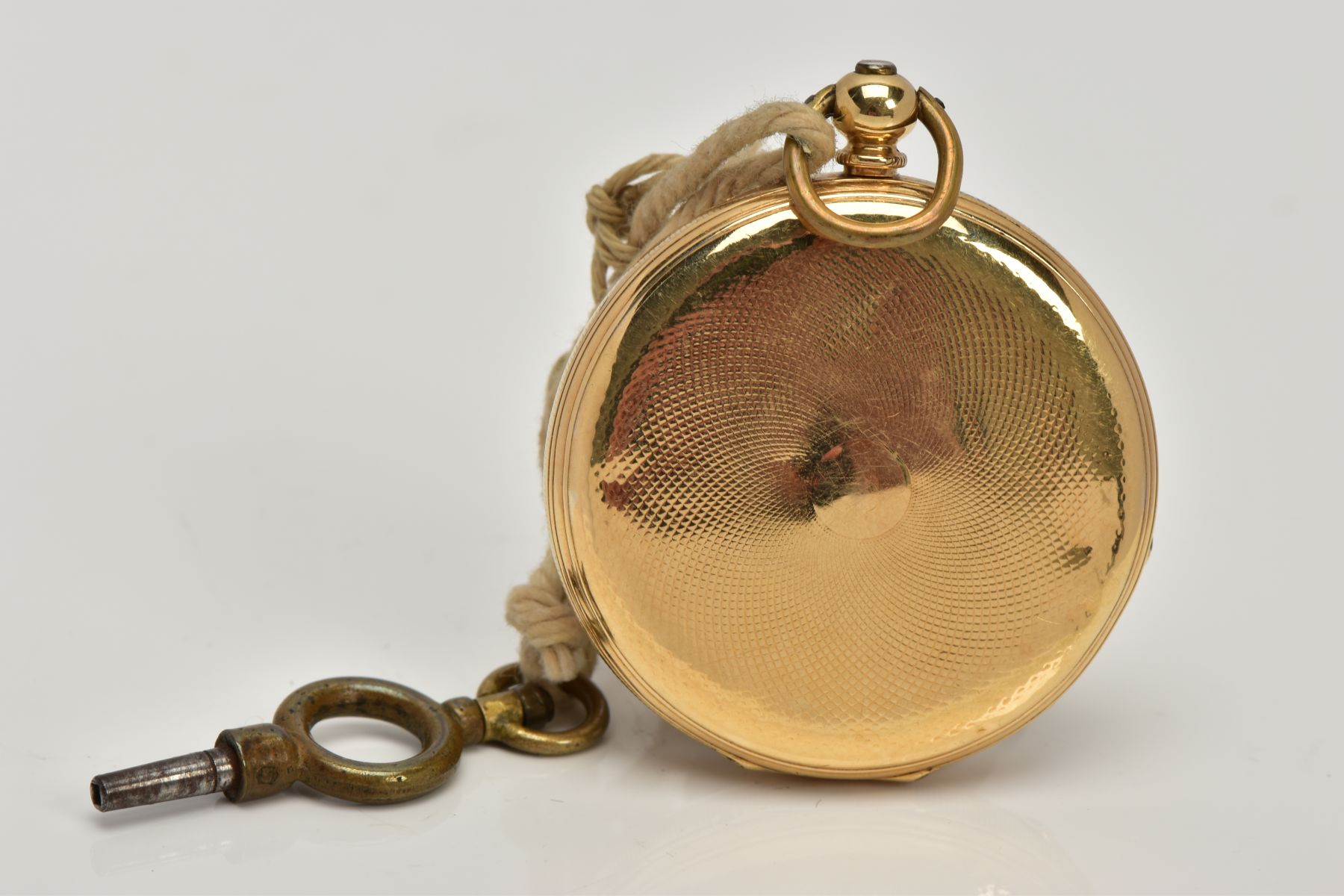 A YELLOW METAL OPEN FACE POCKET WATCH, round gold dial, with a floral engraved design, Roman - Image 2 of 5