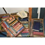 BOOKS, ex library, approximately one hundred and forty five titles in five boxes featuring eleven