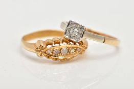 TWO EARLY 20TH CENTURY 18CT GOLD DIAMOND RINGS, the first a single stone ring, the old cut diamond