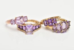FOUR 9CT GOLD AMETHYST DRESS RINGS, three yellow gold and one rose gold, each set with vary cut