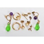 A PAIR OF EARLY 20TH CENTURY DROP EARRINGS, A PAIR OF HOOPS AND OTHER STUDS AND BACKS, the drop