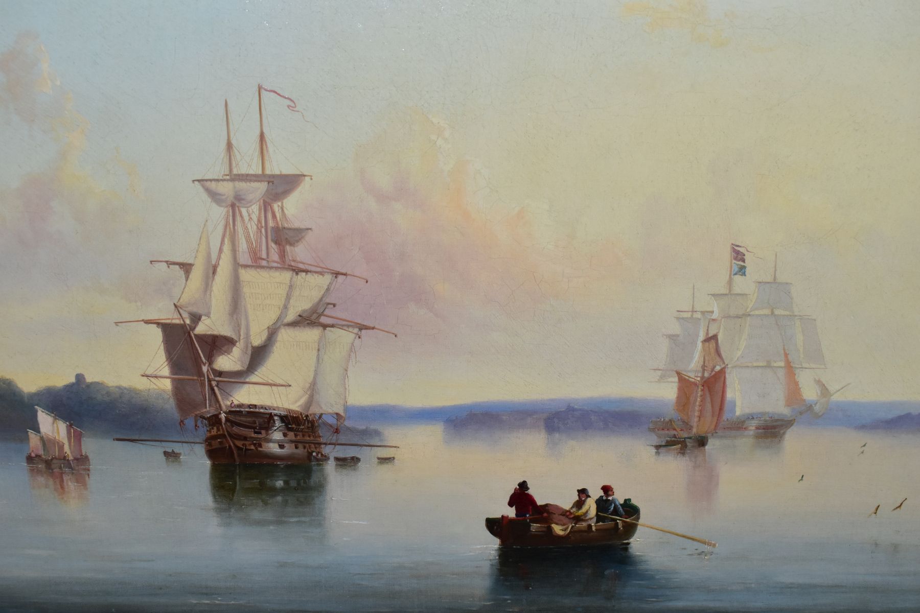 A HISTORIC MARITIME HARBOUR SCENE POSSIBLY PLYMOUTH SOUND, with square rigged gunships and figures - Image 2 of 5