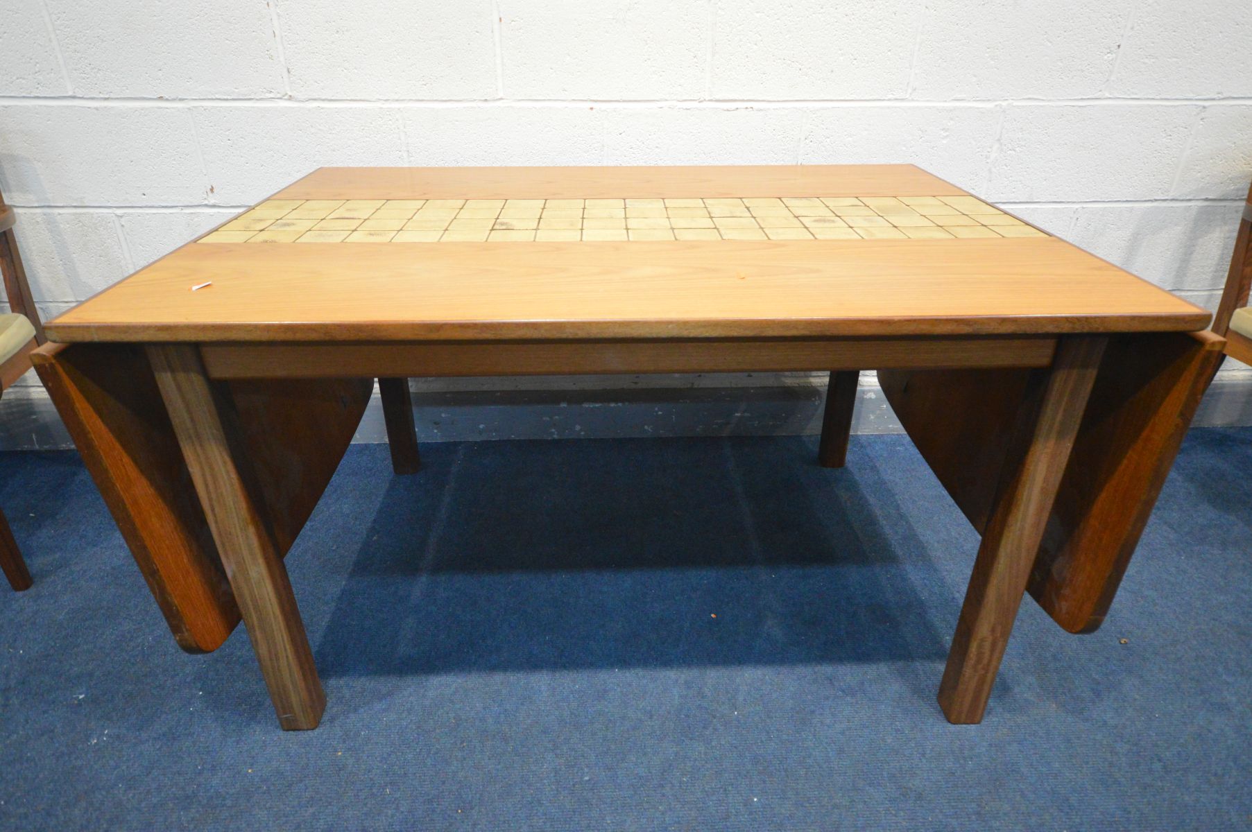 A G PLAN TEAK AND TILED TOP DROP END TABLE, on block legs, width 129cm x full width 229cm x depth - Image 5 of 6