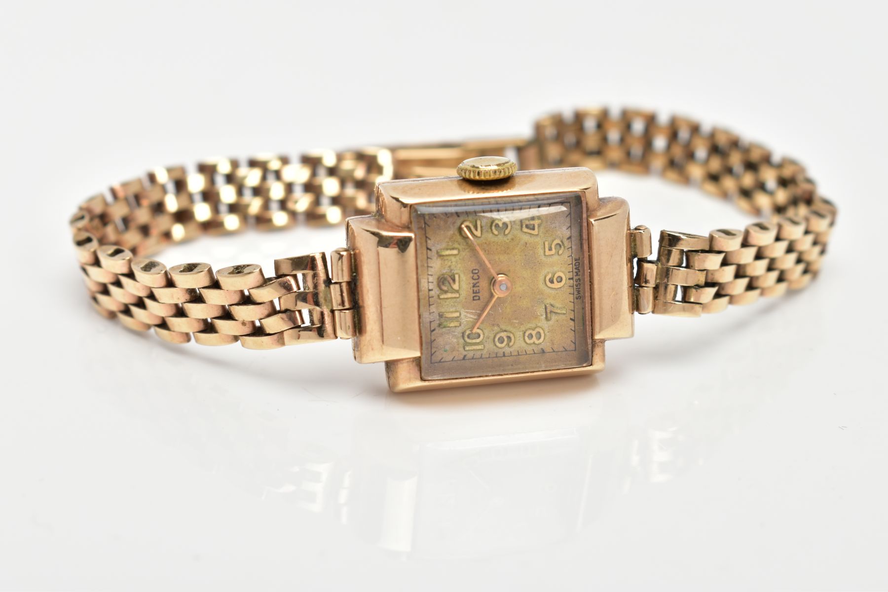 A LADY'S 9CT GOLD 'DENCO' WRISTWATCH, hand wound movement square discoloured dial signed 'Denco', - Image 3 of 5