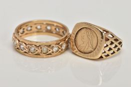 A 9CT GOLD SIGNET RING AND A YELLOW METAL FULL ETERNITY RING, the signet ring set with a small coin,