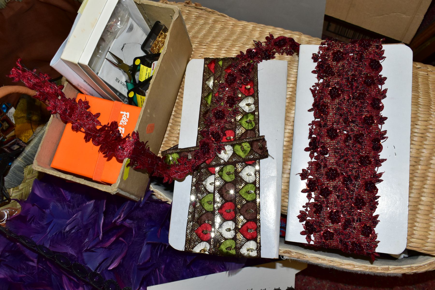 FOUR BOXES/BASKETS OF CRAFTING, NEEDLEWORK AND HABERDASHERY ITEMS, including Liberty patchwork - Image 6 of 11