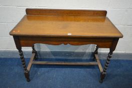 AN EARLY 20TH CENTURY BARLEY TWIST SIDE TABLE, united by a single stretcher, width 107cm x depth