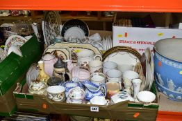 FIVE BOXES OF CERAMICS AND GLASS ETC, to include tea wares by Colclough, Royal Ascot, Tuscan,