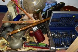 TWO BOXES AND LOOSE METALWARES AND ASSORTED ITEMS, to include a pewter teapot and coffee pot with